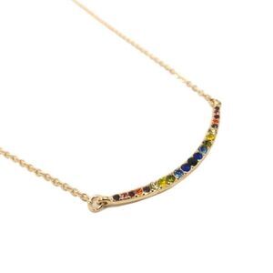New In Box Amelia Rue Gold Curved Bar Rainbow Rhinestone Necklace‎